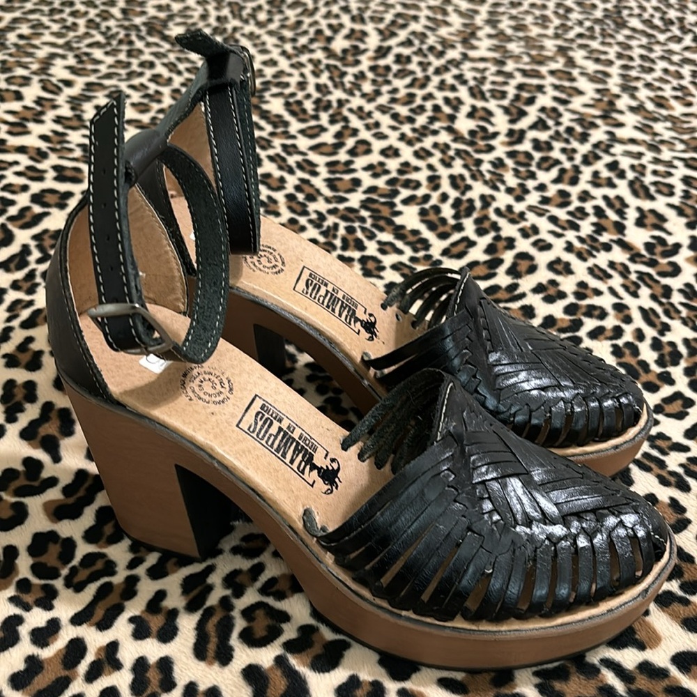 Black Leather Heeled Sandals - Picture 2 of 13